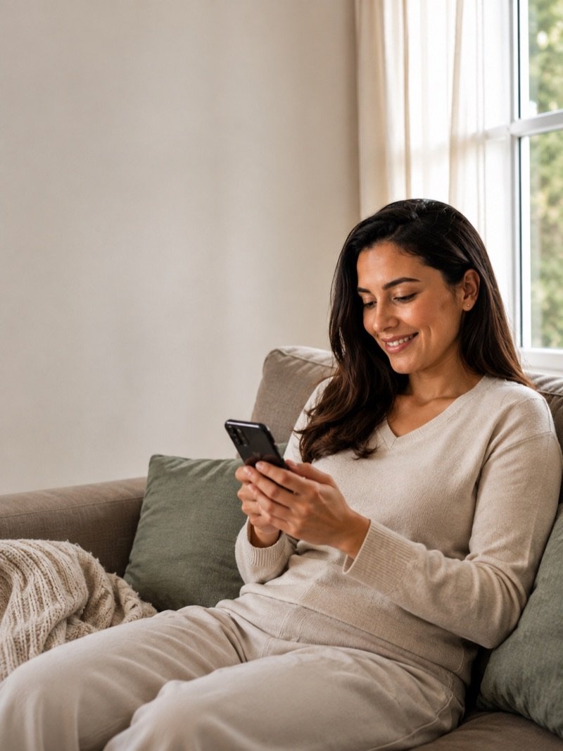 Paciente em casa, sorrindo enquanto conversa pelo celular
